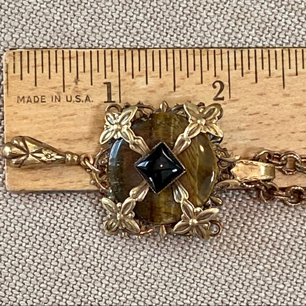 VTG Jan Michaels Tigers Eye & Black Onyx Pendant Necklace on Long Chain - Picture 5 of 10